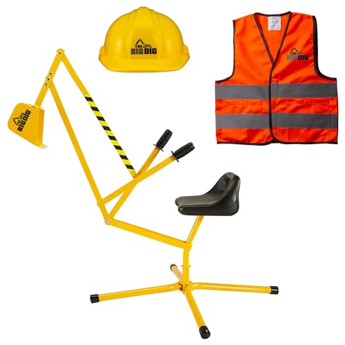 Image of The Big Dig Sandbox Digger Excavator Ride On Crane, Safety Vest & Helmet Bundle Outdoor Pretend Play Construction Toy with 360 Degree Rotating Boom