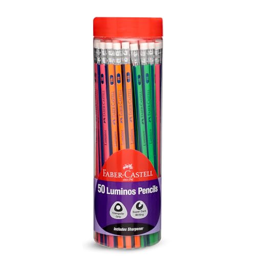 Image of Faber-Castell 50 Luminos Pencils Jar - Ergonomic Triangular Grip, Fluorescent Colours, Includes Sharpener & Eraser | Ideal for Writing, Drawing & School Use