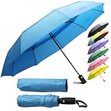 ZENO Paraguas Plegable Compacto – Mini Paraguas Automático Mujer & Hombre, Antiviento Resistente con 9 Varillas de Fibra de Vidrio, Tejido Teflón Impermeable, Azul