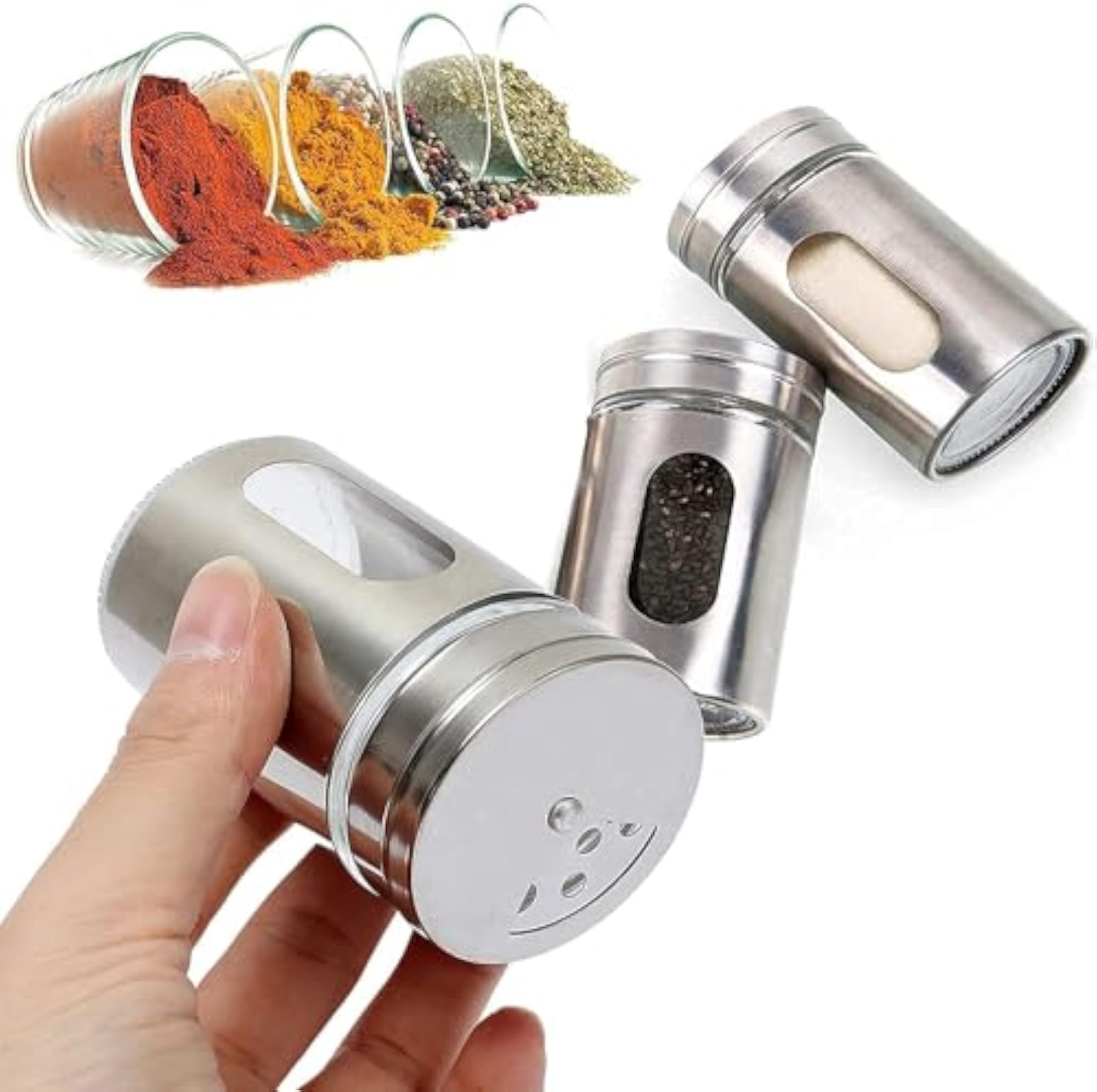 Stainless Steel & Glass Spice Jar Set with Rack