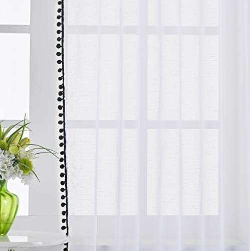 Image of Treatmentex Sheer White Curtains with Black Pom Pom Curtains 84 inch Long Linen Textured Look Decorative Window Drapes Navy 52 inch w 1Pair