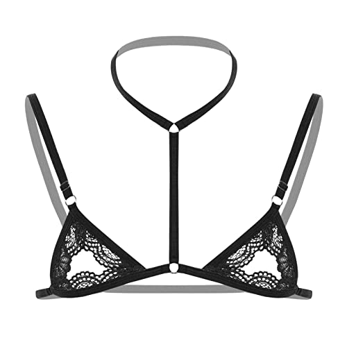 Men's Sissy Lingerie Lace Halter Bralette with Adjustable Straps Hollow Out Nipples Bra Top Underwear Sleepwear (Black,Large)