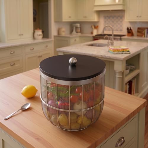 Image of Decorative Net (Jaali) Design Fruit and Vegetables Basket with Natural Wooden Lid | Premium Insect Resistant Storage Organizer for Home and Kitchen - Silver