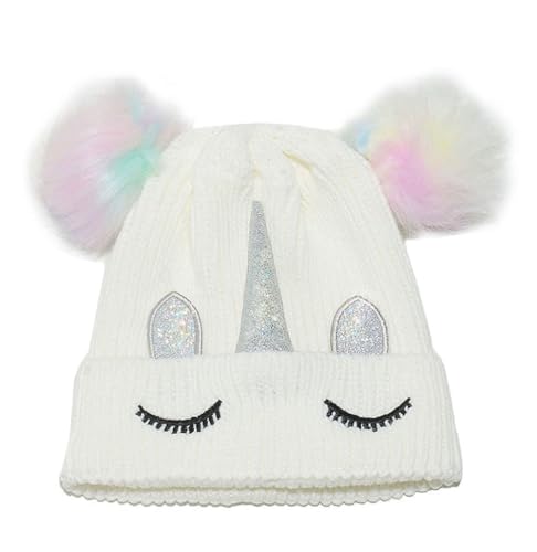Kids Girls Toddlers Unicorn Winter Beanie Hat Flower Warm Knitted Ear Cap with Gold Horn