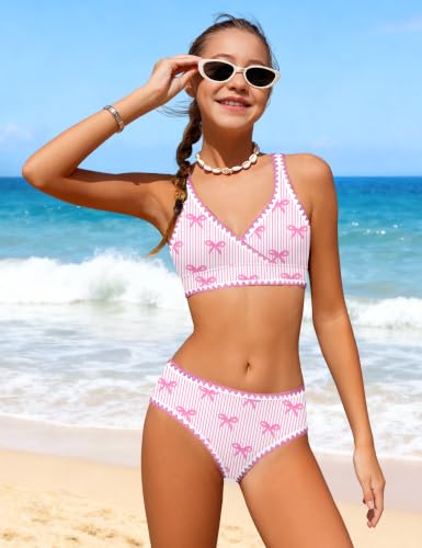 Image of KANGKANG Girls Swimsuit Bikini Set Solid Color V-Neck Two Piece Bathing Suit with Chest Pad Adjustable Straps Swimwear 7-16T