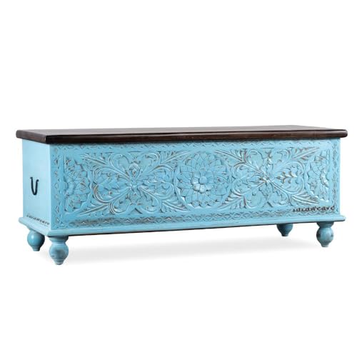 Image of Wifo Solid Wood Coffee Table for Living Room Wooden Trunk Box for Storage | Handcrafted Center Table for Living Room with Sandook Storage | Pitara for Bedroom (Blue Distress and Brown Top)