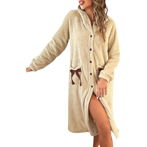 luethbiezx Women's Hooded Fleece Robe Short Plush Long Sleeve Buttons Bow Pockets Robes Plush Long Spa Robe (Apricot, L) Cover