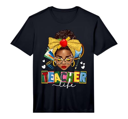 Mens African American Teacher Life Messy Bun Afro Teacher Performance T-Shirt