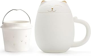 ちゃこしつきマグカップ、タンブラー カップ 蓋付き、茶こし付きマグカップ、耐熱カップ、バブルティーカップの再利用可能、注入槽、ぬいぐるみ、豆のぬいぐるみ、かわいい猫の蓋とハンドル、花ティーカップ、茶碗、茶碗の贈り物、350 Ml (Color : White)