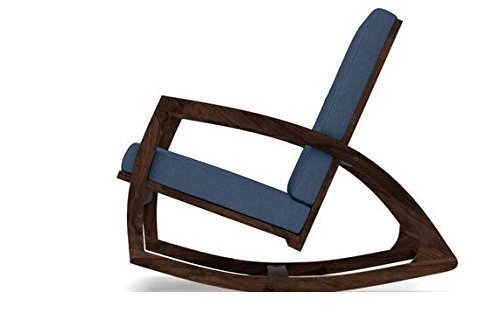 Image of Jangid Handicraft Sheesham Wood Rocking Chair for Living Room | Solid Rosewood Relaxing Rocker with Armrest & Navy Blue Cushions | Contemporary Wooden Swing Chair for Home | Brown