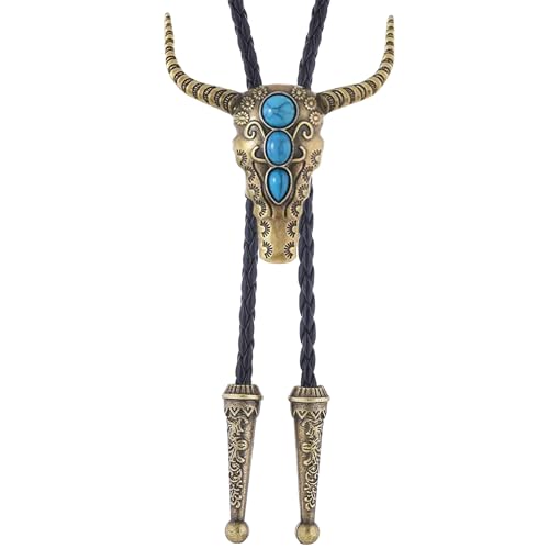 Image of GelConnie Longhorn Bull Bolo Tie for Men Native American Western Cowboy Leather Necktie Bolo Necklace for Women Gold Texas