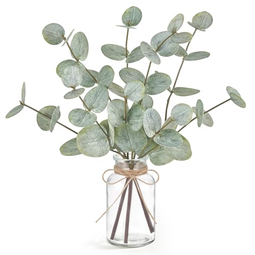 Mkono Artificial Eucalyptus Stems in Glass Vase, 3Pcs Fake Plants for Home Decor, Coffee Table Centerpieces, Bathroom Farmhouse Office Entryway Greenery Decorations