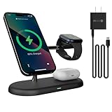 XYAJUANG 4 in1 Magnetic Wireless Charging Stand, 15W Fast Charging，with Neutral Light Design for iPhone 17/16、15/14/13/12 Series, iWatch and Sansung Watch, Airpods and Samsung TWS (T256-Black)