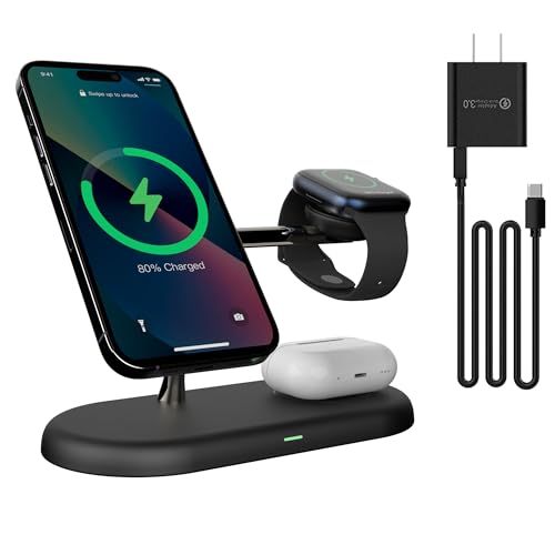 XYAJUANG 4 in1 Magnetic Wireless Charging Stand, 15W Fast Charging，with Neutral Light Design for iPhone 17/16、15/14/13/12 Series, iWatch and Sansung Watch, Airpods and Samsung TWS (T256-Black)