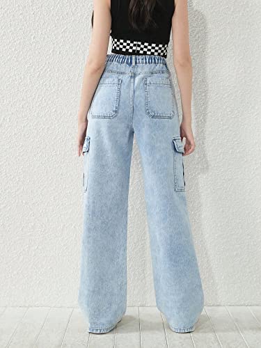 WDIRARA Girl's Flap Pocket Side High Waist Straight Leg Cargo Long Jeans Denim Pants2