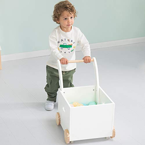 Crown Children 2-in-1 Baby Learning Walker -Toddler Baby Push Walker-Wooden Strollers with Blocks - Toys with Wheels for Girls Boys 1-3 Years Old, Wagon Toy Walkers Sturdy Construction (Square)