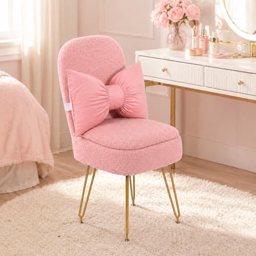 Novabright Small Vanity Stool Chair with Storage and Back Faux Fur Soft Ottoman Pink Bow Makeup Vanity Chair 13 x 14 x 30 Cute Small 4 Metal Leg for Makeup Bedroom Living Room Dressing Room