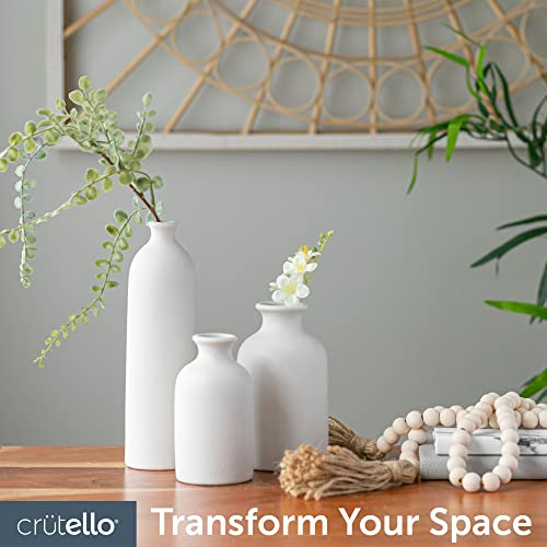 Crutello Ceramic Vase Set Of 4, 3 White Smooth Matte Small Flower Vases, 1 Wooden Boho Bead Set, Modern Decorative Vase Set Farmhouse Charm Netural Home Decor #TOP5