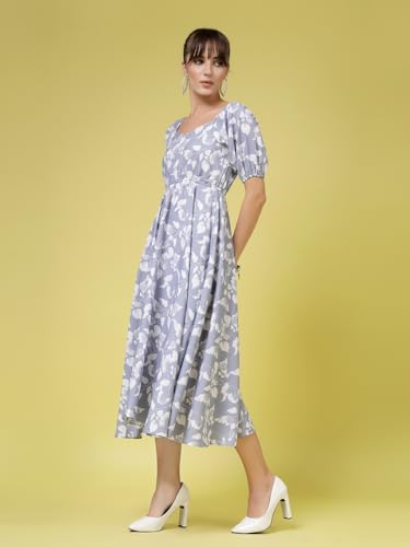 Image of OOMPH! Below Knee Shift Pink Dress in Crepe Fabric with Round Neck and Puff Sleeves - md619l