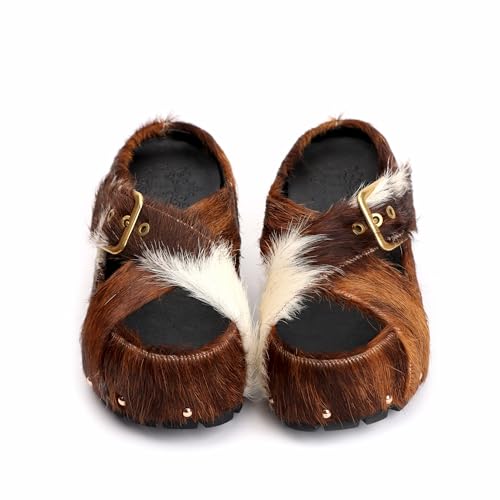 Image of XOBZJH Long-Hair Calfskin Chunky Clog Slide for Women - Memory Foam Luxury Slip on Shoes Women's Mules & Platform Clogs,Designer Mules for Women 2025