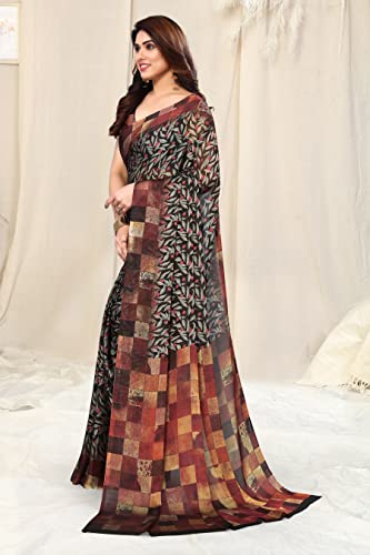 Image of MIRCHI FASHION Women Saree | Chiffon Leaf and Checked Print Professional Office Sari with Blouse