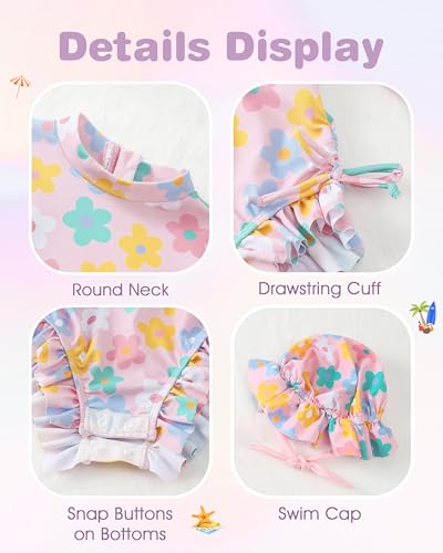Image of Renotemy Baby Girls Swimsuit Drawstring Zip Bathing Suit Long Sleeve One-Piece Rash Guard Swimwear with Hat for Infant Girl