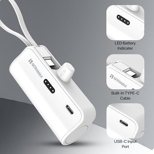 Image of Portable Power Bank 5000mAh with Built-in Type-C Cable, LED Battery Indicator, USB-C Input Port, White