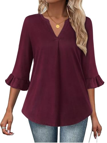 Siddhe Damen Casual Bluse V Ausschnitt 3/4 Volant Ärmel Longbluse Elegante Lose Longshirt Einfarbige Oberteile Basic Shirts für Büro Arbeit Herbst Winter, Weinrot XL