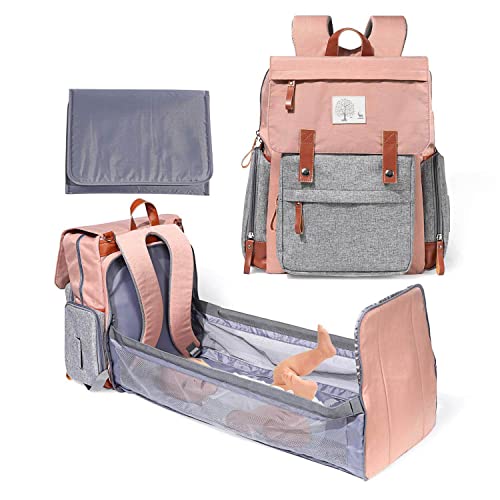Mochila para Pañales de Bebé con Ganchos para Cambiador de Cochecito Cama de Bebé Plegable de Viaje Gran Capacidad al Aire Libre Bolsa de Pañales de Maternidad para Mamá Papá,Pink