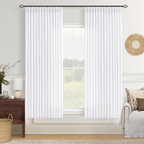 Image of Pure White Pinch Pleated Semi Sheer Linen Curtains 63 Inch Long for Bedroom