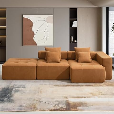 Fefances 105.5" L-Shaped Modular Sectional Sofa Set - Minimalist Corduroy Couch with Cloud-Like Foam Filling, Convertible for Custom Layouts, 3-Piece Versatile Configuration，Brown Cover