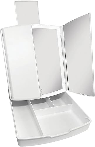 IdeaWorks Estelle - Espejo plegable de tres pliegues con bandeja de almacenamiento, 4 compartimentos, aumento 5X, perfecto para viajes y