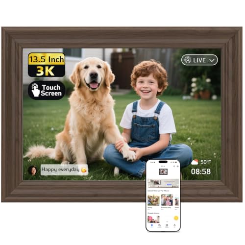 Image of NexFoto 3K Digital Picture Frame 13.5 inch Touchscreen, WiFi Electronic Photo Frame 64GB, Add Pics from Google Photos, Share Photos /Videos via App /USB, Gifts for Mom /Grandparents /Birthday, Walnut