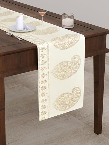 Image of BLOCKS OF INDIA Hand Block Printed Cotton Table Runner for Center /Dining Table (13 x 72 Inches) (Gold Pine Tree)