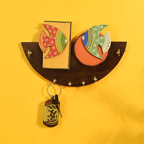 Image of AAKRITI ART CREATIONS Key Holder, Handcrafted Madhubani Fish Key Hanger | Rustic Wood Wall Organizer with 6 Hooks | New Home Gifts | Multifunctional Entryway Decor Item