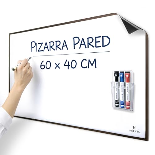PREVIS Pizarra Adhesiva Pared Blanca Magnetica 60x40cm + 3 Rotulador Borrable con Soporte Magnético - Papel Pizarra Adhesivo Pared - Rollo Vinilo Hogar y Oficina - No Daña Pared Fácil de Trasladar ⭐