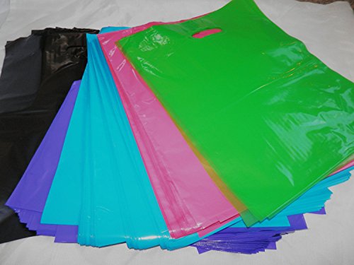 100 -12x15 Assorted Black/Pink/Purple/Blue/Lime Green Plastic Bags W/handles