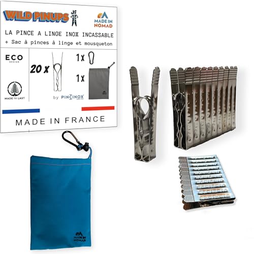 Wild Pinups: 20 Pinces à Linge INOX Incassables Pincinox avec Panier Pince à Linge et Mousqueton. pour Buanderie, Fil à Linge, séchoir à Linge. l'Epingle a Linge Solide, Durable à Vie, Made in France