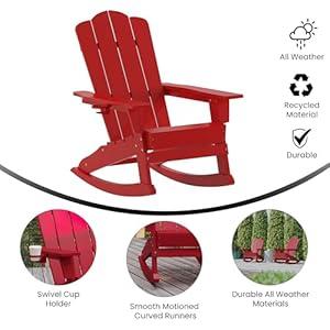 Flash Furniture Newport Adirondack Rocking Chair with Cup Holder Weather Resistant Poly Resin Adirondack Rocking Chair Red