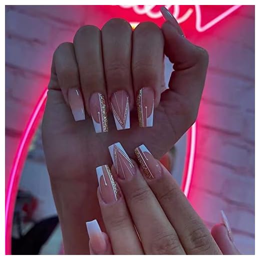 Medium Press on Nails with Designs, French Fake Nails Coffin Shape False Nails White Gold Nail Tips Gradient Artificial Nails Full Cover Glossy Stick on Nails for Women and Girls Nail Decoration 24Pcs