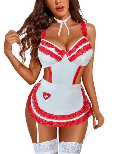 Avidlove Sexy Lingerie for Women Sets Nurse Costumes Maid Outfit Lace Babydoll Dress White Nurse L