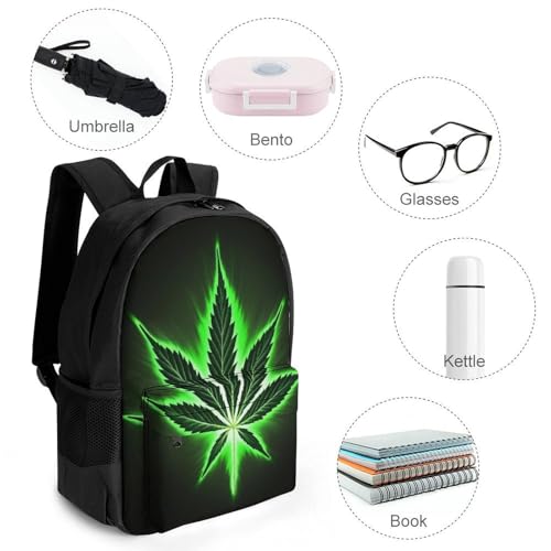 Backpack, Men Women Green Weed Leaf Leaves Black Casual Lightweight Daypack for Sports, Travel, Cute Reusable Shoulder Bag for Daily Use4