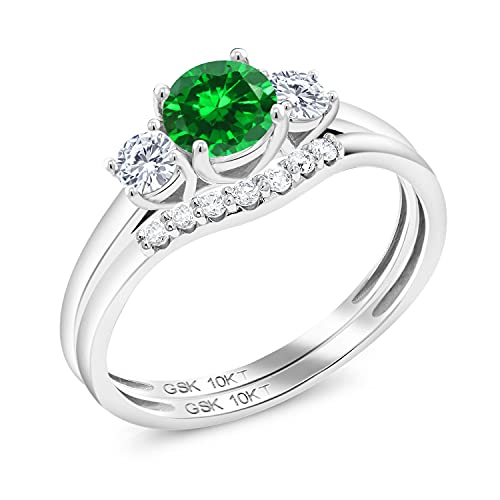 10K White Gold Green Simulated Emerald and White Lab Grown Diamond 3-Stone Bridal Engagement Wedding Ring Set For Women (1.08 Cttw, Gemstone May Birthstone, Round 5MM, Available in Size 5,6,7,8,9)