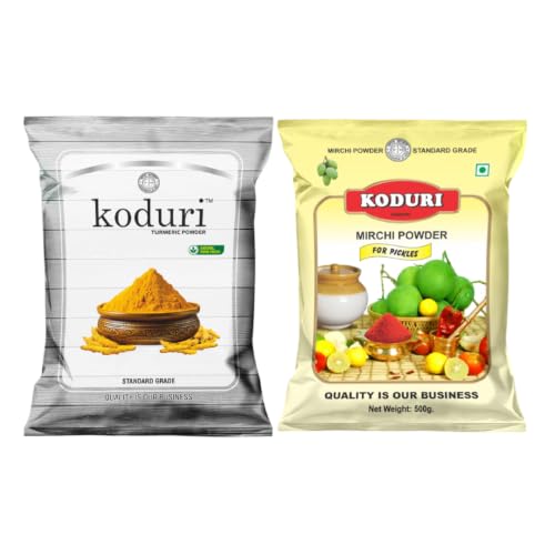 Image of KODURI Turmeric Powder & Pickle Chilli Powder Combo | Haldi and Lal Mirch Powder | Pasupu & Pachadi Kaaram | Finely Ground Spices - No Added Flavours, Colors or Preservatives - 1000 gm