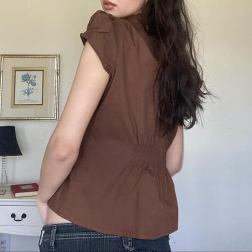 Image of Y2k Girls Vintage Coquette Button Down Shirt Women Short Sleeve V-Neck Slim Fitted T-Shirt Cute Blouse Crop Top