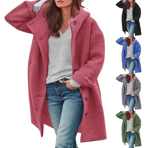 Wollmantel Mit Kapuze Damen - Trenchcoat Damen Lang Winter Wintermantel Elegante Übergangsjacke Einfarbig Freizeitjacke Mit Taschen Locker Winter Warme Winterjacke...