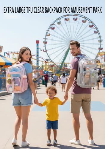 Image of Grey Big Clear Backpack Heavy Duty For Men Lady,18in XL TPU Bookbag 15Age+ | See Through Stitch durable plastic Multi-Pocket Design For School Adults work Warehouses Airport security,check events