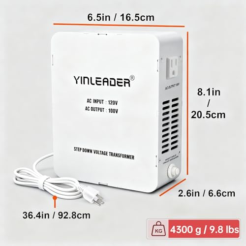 Image of 1000W US 120V to 100V JP Japan Voltage Converter Step Down Transformer | Yinleader Ideal for Japanese Turntable /Rice Cooker /Mochi Maker /Player /Cassette Deck /Heater /dehumidifier, etc.(White)