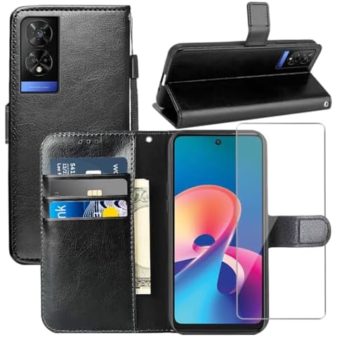 YJROP for TCL 50 XE 5G Case,with Screen Protector,PU Leather Wrist Strap Card Slots Shockproof Protective Flip Cover Phone Wallet Case for TCL 50 XE Nxtpaper 5G, Black Cover