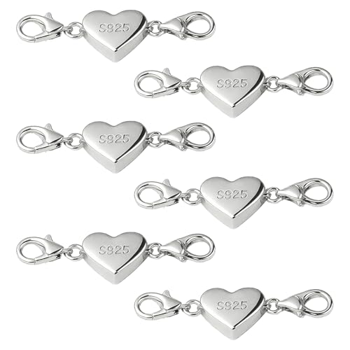 6 Stück Herz Magnetverschluss Kette 925 Sterling Silber Armband Verschluss Magnetverschluss für Ketten Halskette Silberfarbener Verbindungsverschluss für Damen Herren DIY Jewellery Accessories